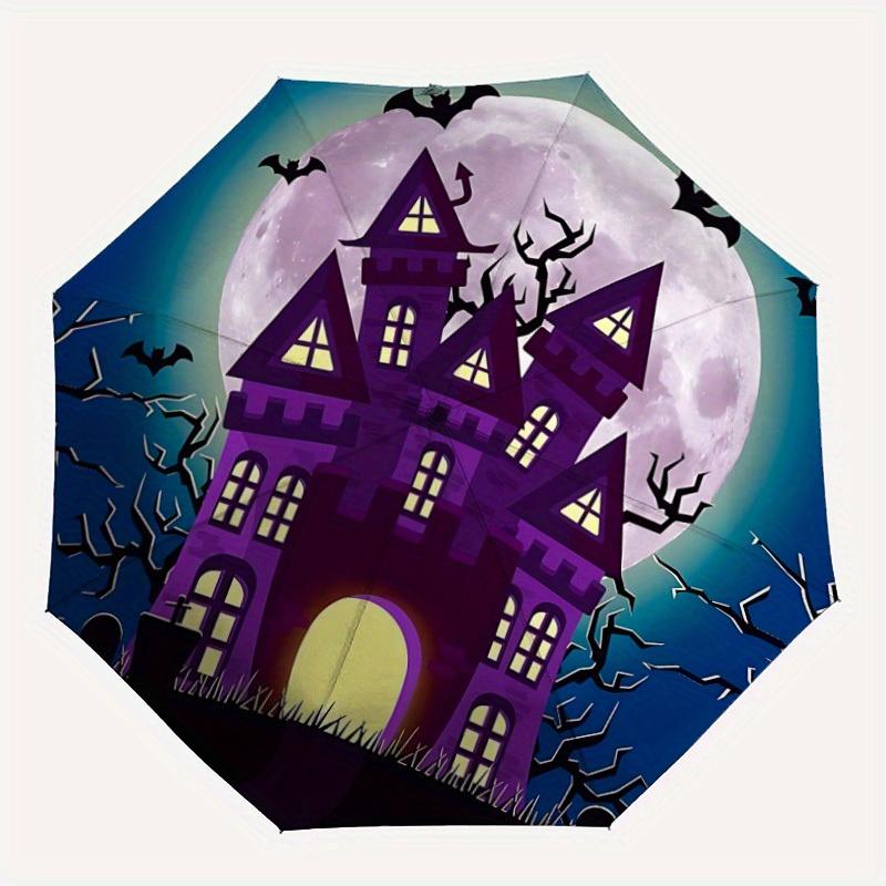 

1pc Halloween Haunted Castle Automatic Folding Umbrella - Lightweight, Retractable Design with 8-Rib Durability, Perfect for Outdoor Adventu