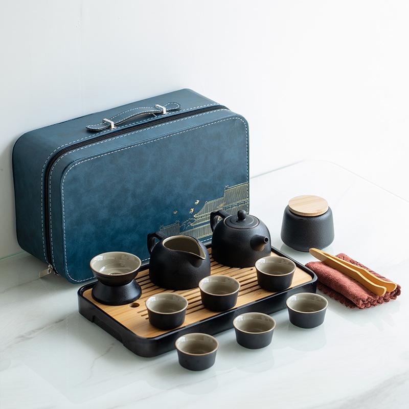 Japanese travel kung fu tea set small set household simple teapot ceramic teacup outdoor tea tray portable bag
