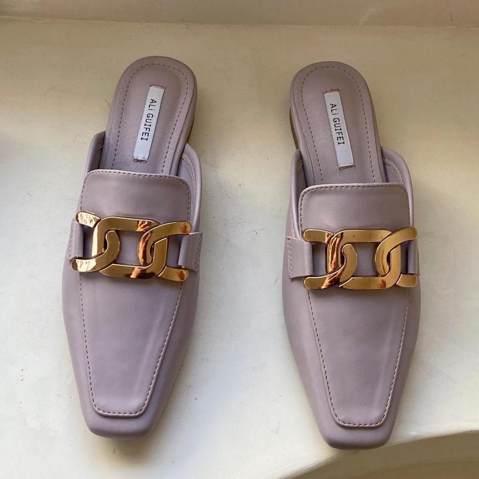 designer metal chains slippers women purple leather gladiator sandalias chains buckle summer slides shoes woman mules