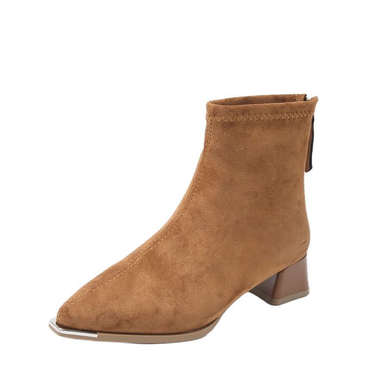 Coarse Heel Pointed Short Boots Women's 2025 Autumn New Fashion Versatile Thin Boots Elastic Suede High Heel Martin Boots