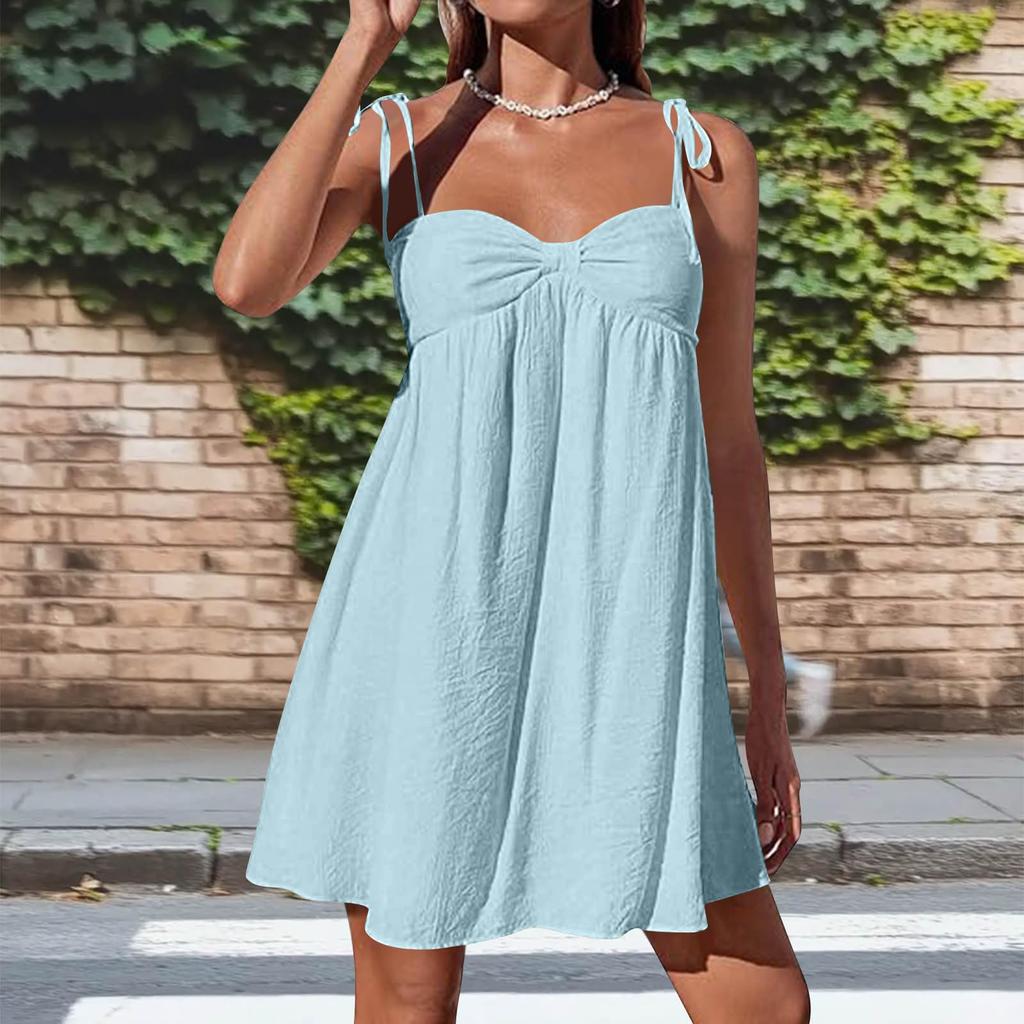 Women's Casual Loose Fit Sleeveless Tie Strap Dress Lightweight Breathable Fabric Summer Dress with Adjustable Shoulder Straps and Flared Hem