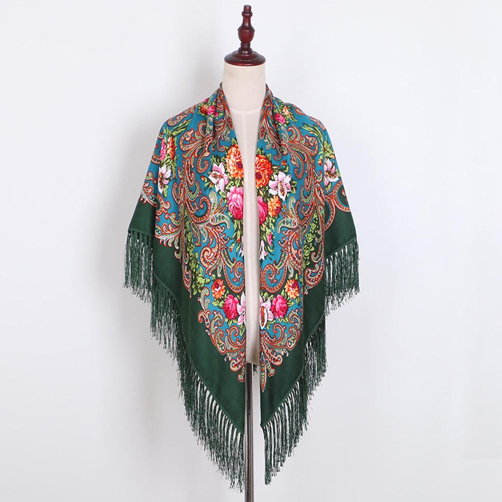 

Женский мусульманский квадратный шарф с принтом в народном стиле и кисточками, шаль, дорожный шарф J