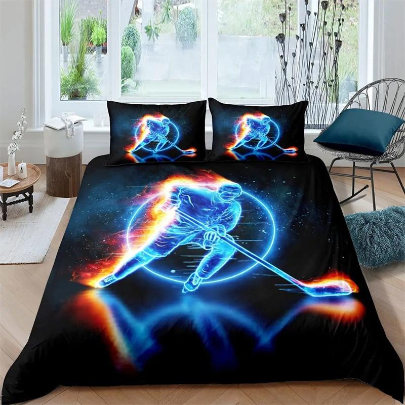 Ice Hockey Duvet Cover Black Polyester Bedding Set for Boys Winter Sports Game Quilt Cover Hockey Player Theme