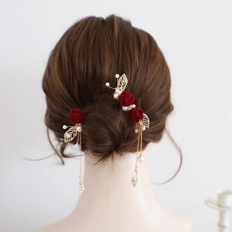 Red Camellia Tassel Hair Clips for Bridal Updo or Evening Gown