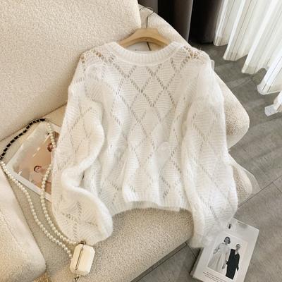 2024 herbst und Winter Perlen Gestrickte Pullover Frauen Neue Lose Hohl Langarm Warme Casual Pullover Frauen Rundhals Lose Pullover strickwaren 25355