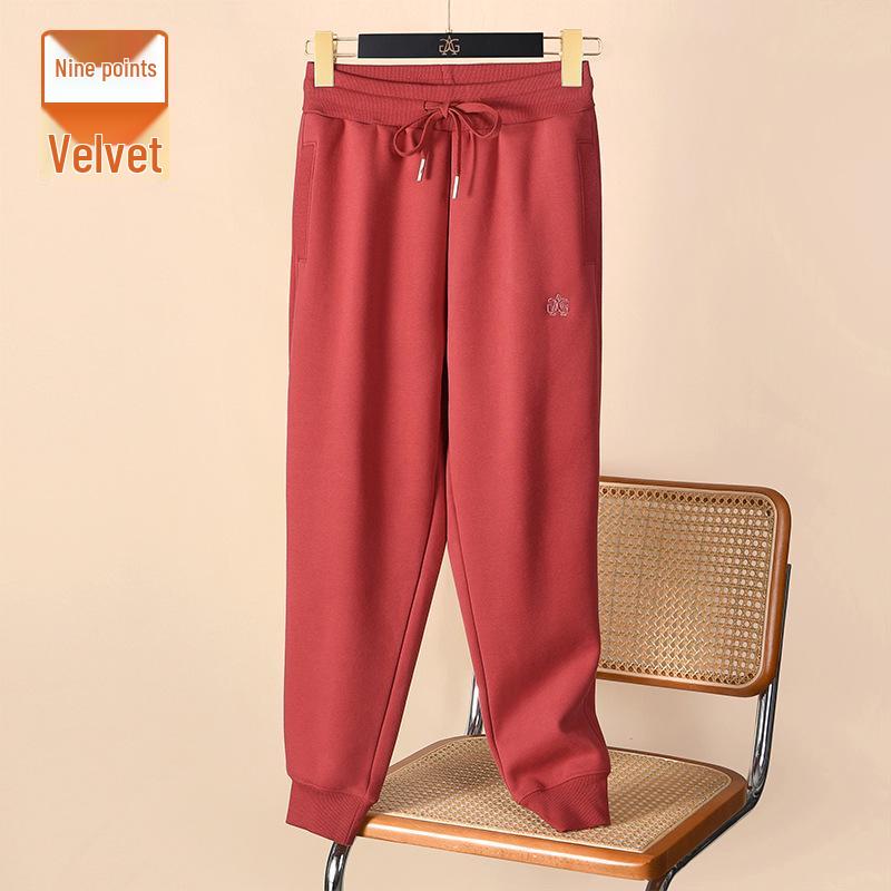 Women's Dark Green Slim Cotton Sweatpants - Warm, Casual, Plus Velvet Autumn/Winter 2025