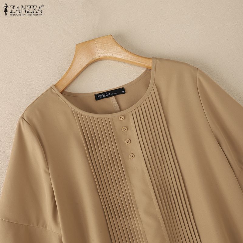 ZANZEA Women Casual Round Neck Solid Color Loose 3/4 Sleeve Blouse