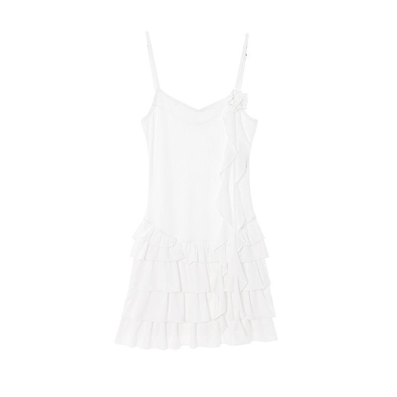 

USS New French style White Sweet Square Collar Vest Multi-Layer Sling Dress Women Waist Hugging Slimming Temperament Short dress White L