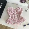 Women's Floral Print Strapless Corset Top Lace Trim Sweetheart Neck Ruffle Hem Bustier Top
