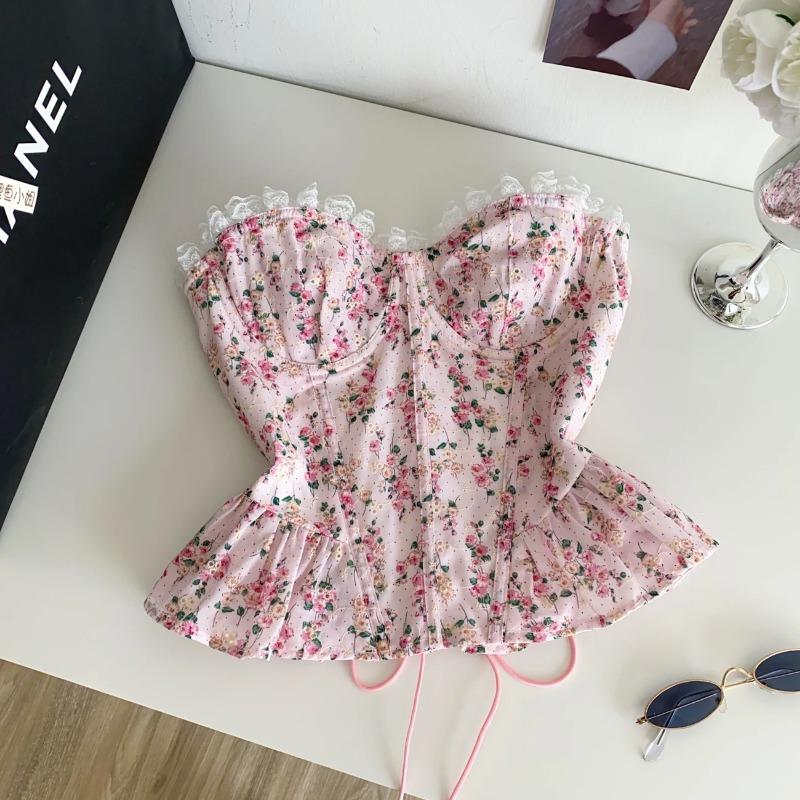 Women's Floral Print Strapless Corset Top Lace Trim Sweetheart Neck Ruffle Hem Bustier Top