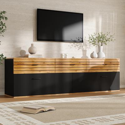 TV-Schrank mit 2 Türen, 3 Schubladen, 168 cm lang, für TVs bis 65 Zoll, für Wohnzimmer, Esszimmer, Schlafzimmer, Holzfarbe + Schwarz, Wellenmuster