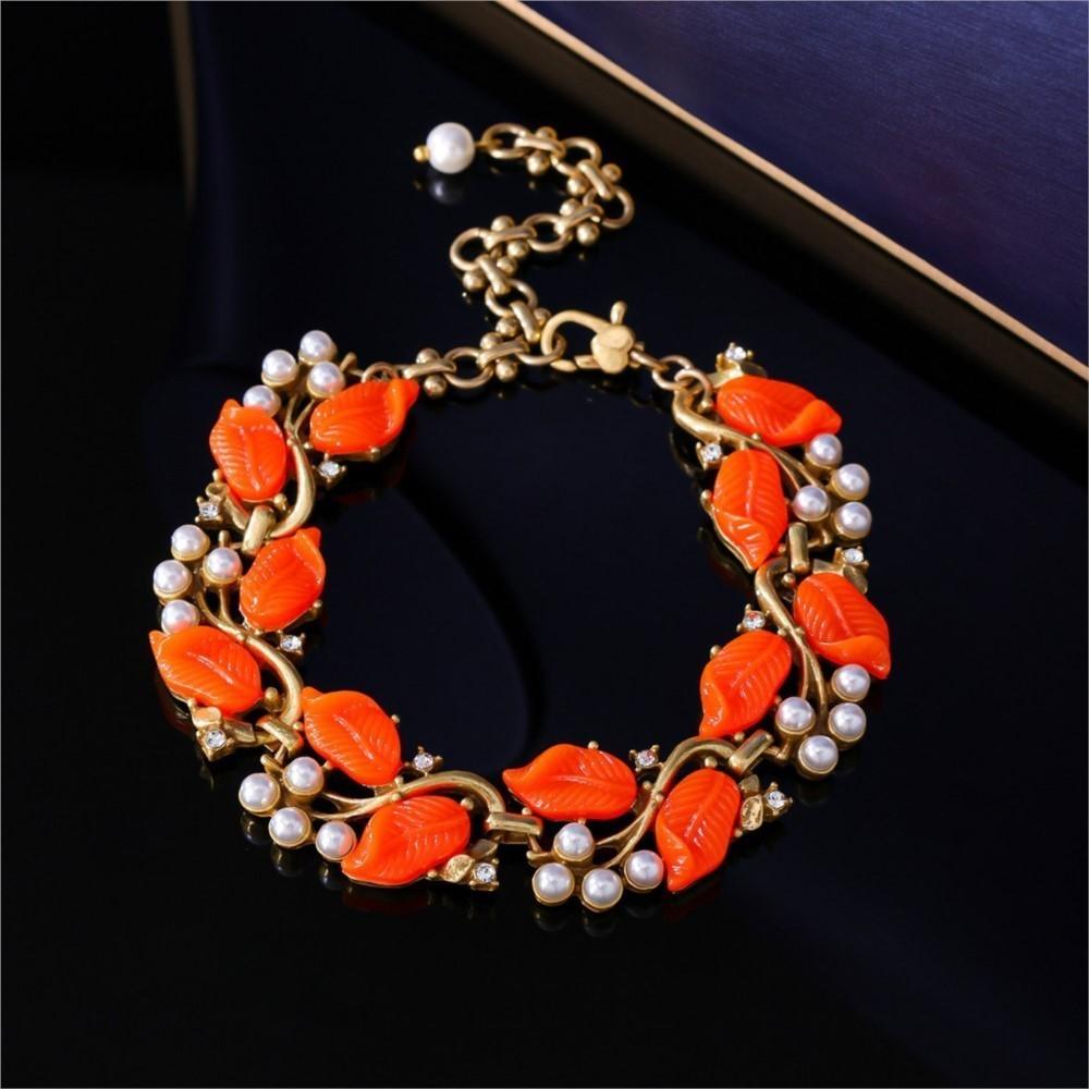 KEQIU Retro Style Leaf Design Elegant Pearl Design Bracelet Earrings Necklace High-end Vintage Jewelry Set