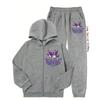 2pcs Girls Cat Print Hooded Jacket Kuromi Sweatpants Set Soft MelodyZip Up Hoodie with Pockets Long Sleeve Casual Outfit for Spring Fall for Outdoor