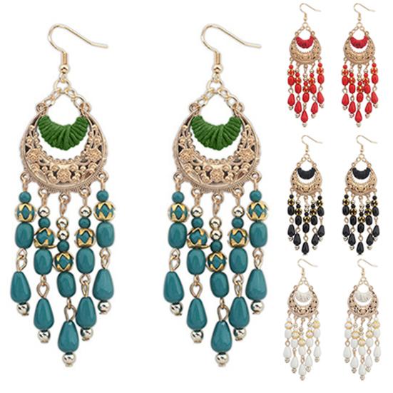 Women Retro Crescent Moon Ear Drops Dangles Tassel Hook Earrings Boho Style
