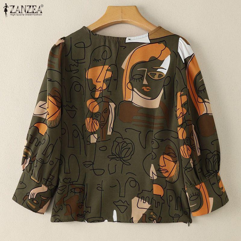 ZANZEA Women Square Collar Casual 3/4 Sleeve Loose Print Blouse