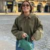 Fashion Suede Zipper Bomber Jacket for Women Vintage Turn Down Collar Long Sleeve Coats Lady New Streetwear Loose Short Outerwear Commute Spring New
