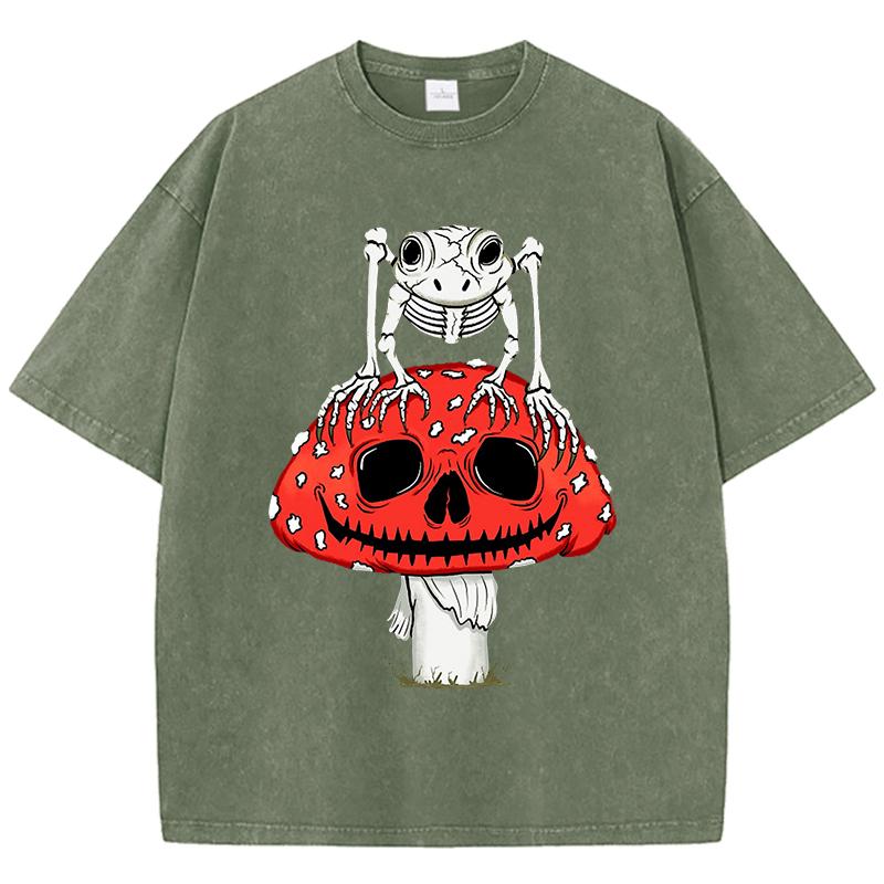 Cottagecore Mushrooms Skeleton Frog Print Women Washed T Shirt Summer Cotton T-Shirt Casual O-Neck Clothes