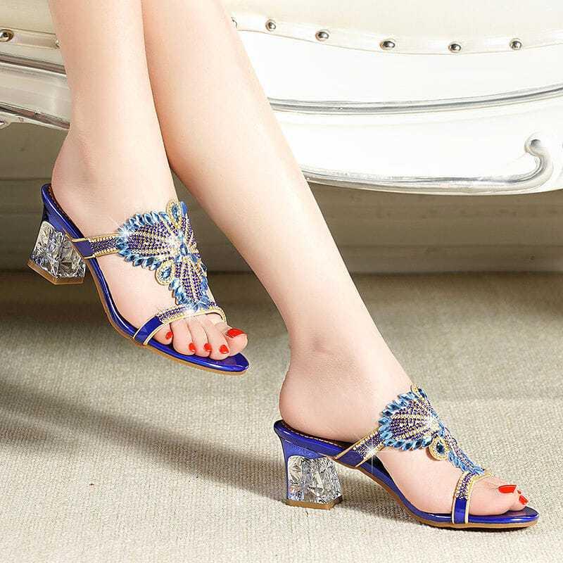 2024 New Female Crystal High Heels Slippers Peep Toe Casual Slides Flip Flops Fashion Pumps Comfortable Sandals
