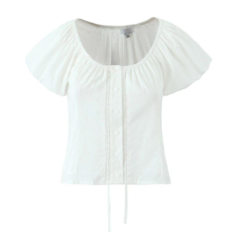 

Za Women s Clothing Spring New Arrival French Style Puff Sleeves Low round Neck Lace Short Stitching Casual Small Top Ben White L