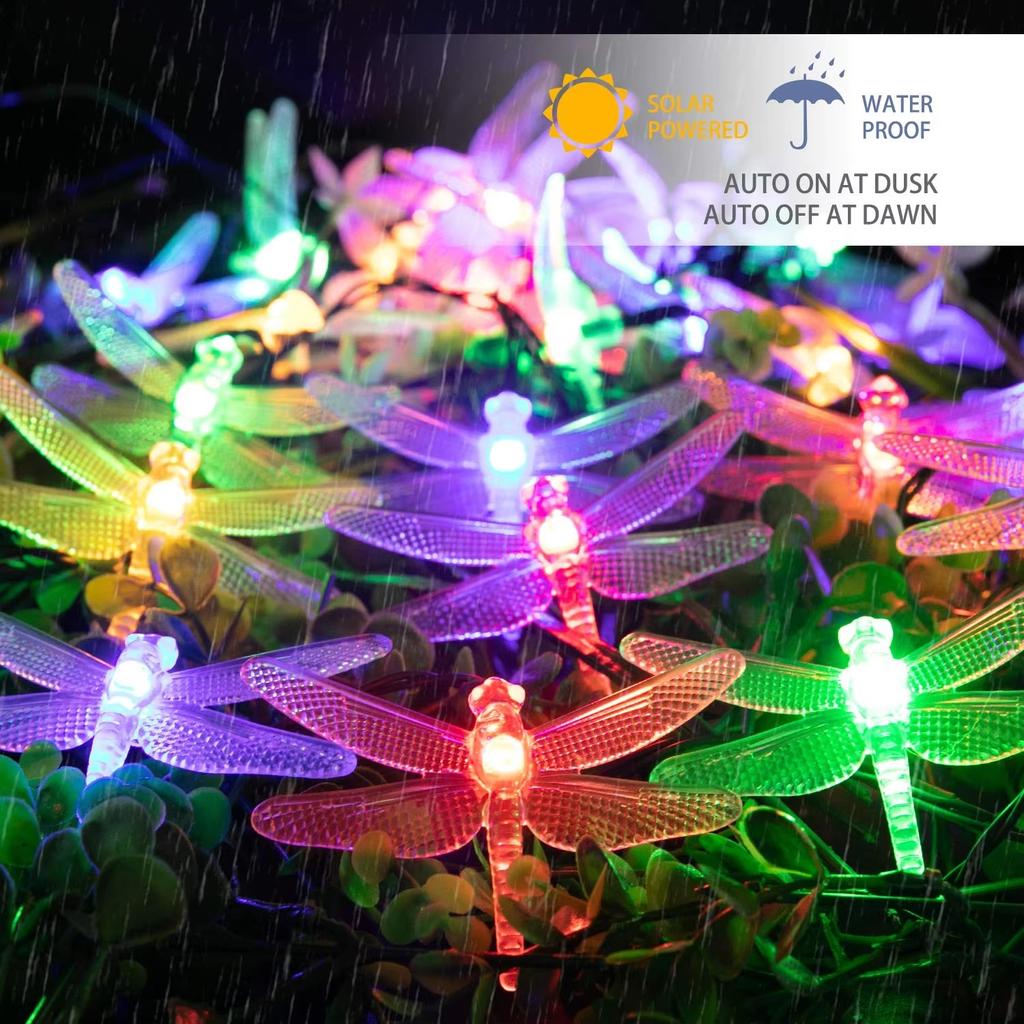 Guirnalda de luces LED solares con forma de libélula de 5/7 m, ideal para patio, jardín, boda, decoración navideña.