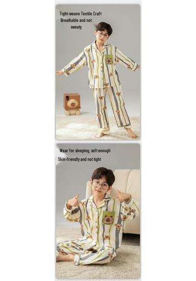 2026 Cotton Kids' Pajama Set: Long Sleeve Lapel Cardigan for Boys & Girls - Spring, Autumn, Winter