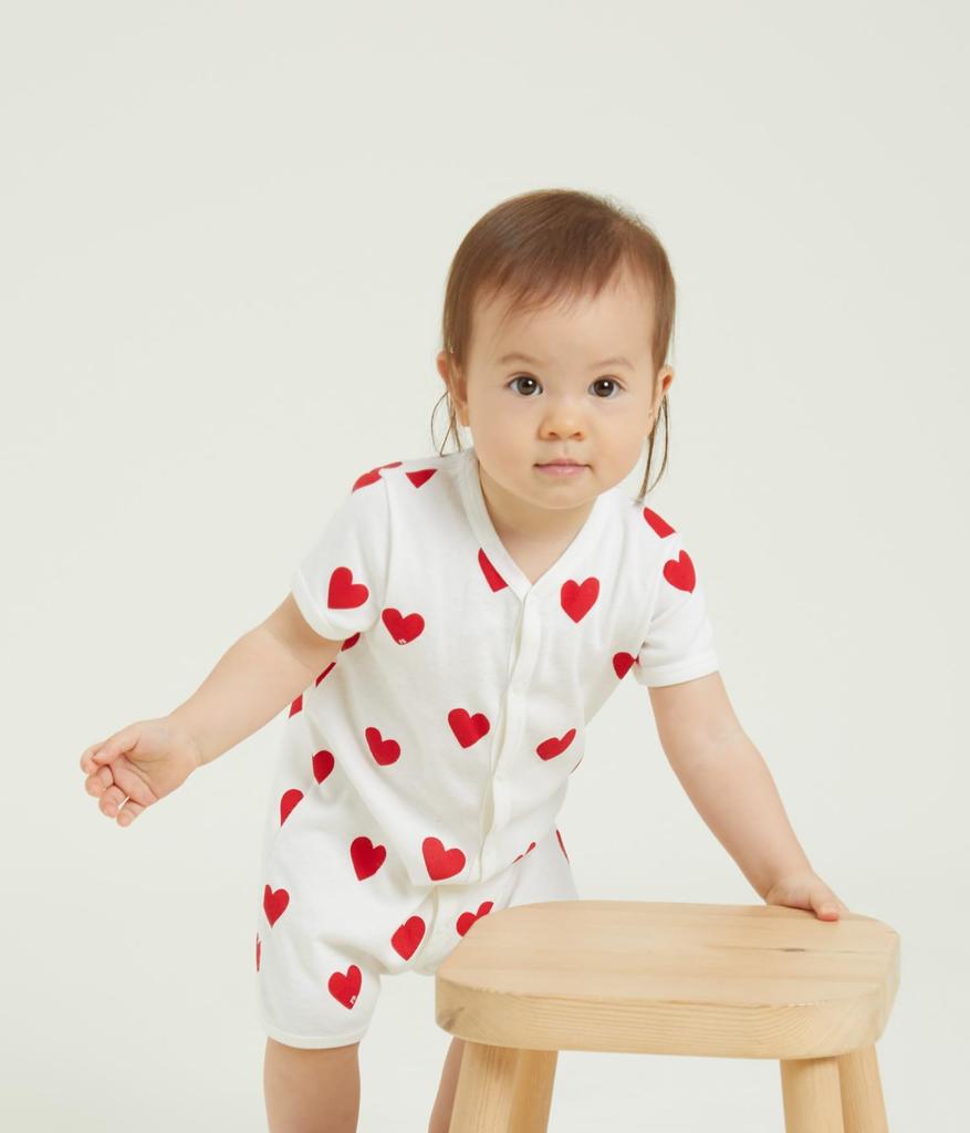 Heart Print Short Romper A09HG 6 months 67cm [Petit Bateau] Off-White/Red