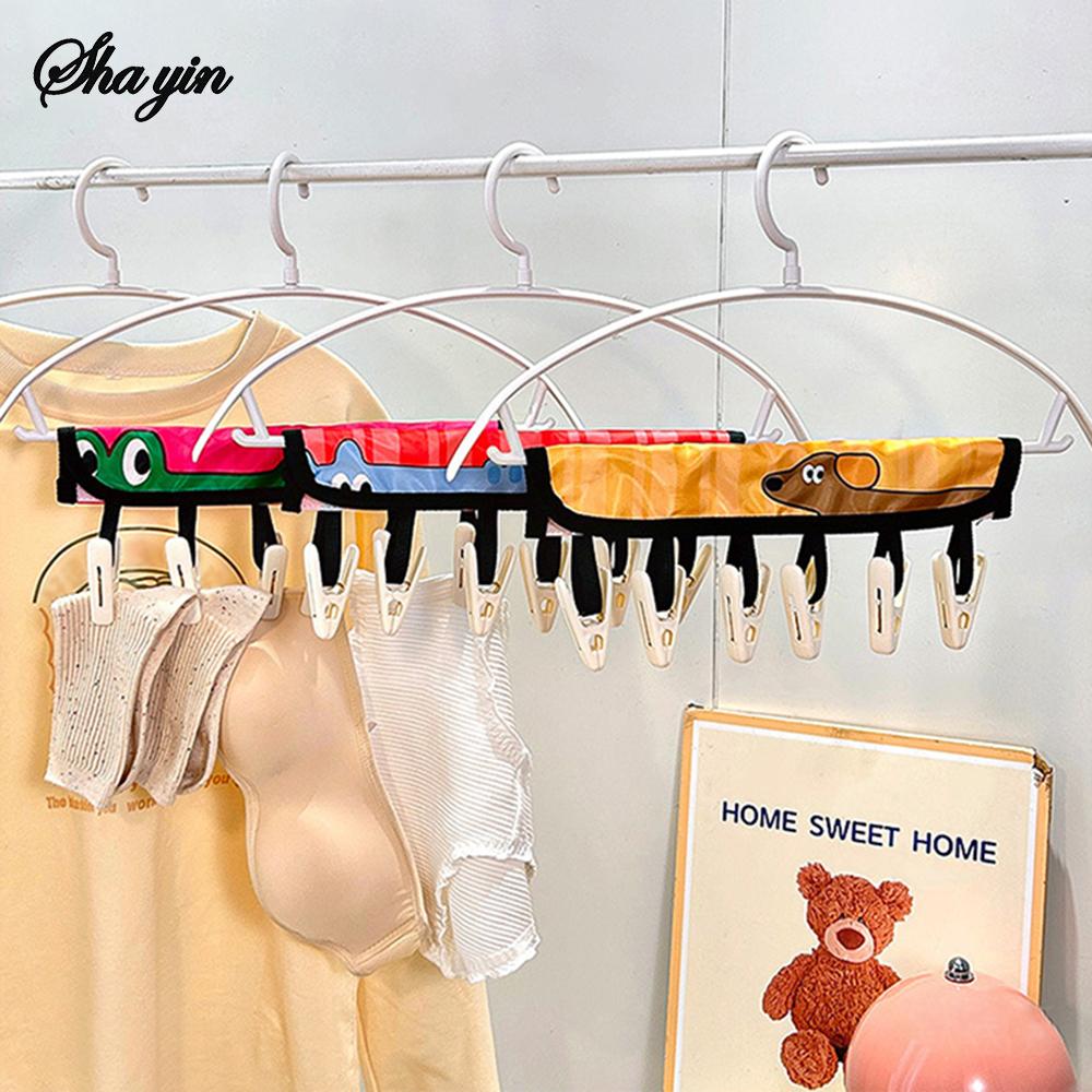 1PC Cartoon Fabric Wall Mounted Clothes Rack with 6 Snap Cap Clips Space Saving Laundry Drying Rack for Home Organization