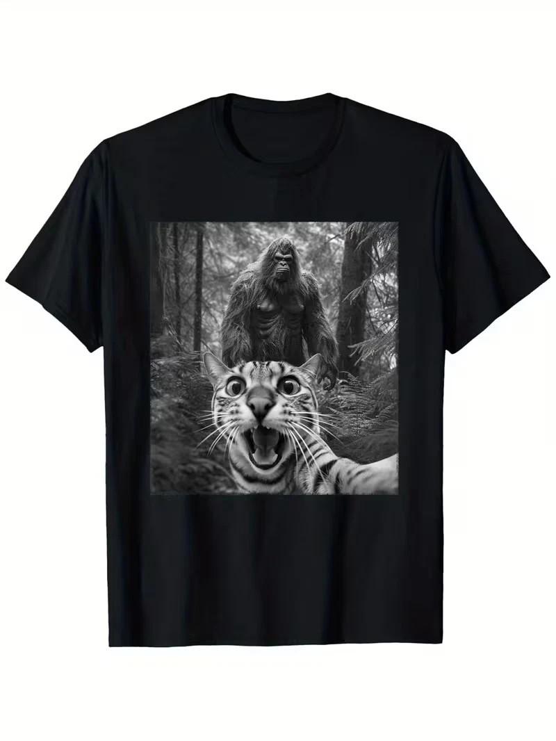 Funny Sasquatch Scared Cat Selfie T-Shirt Soft Cotton Casual Fit Round Nec XXXXL