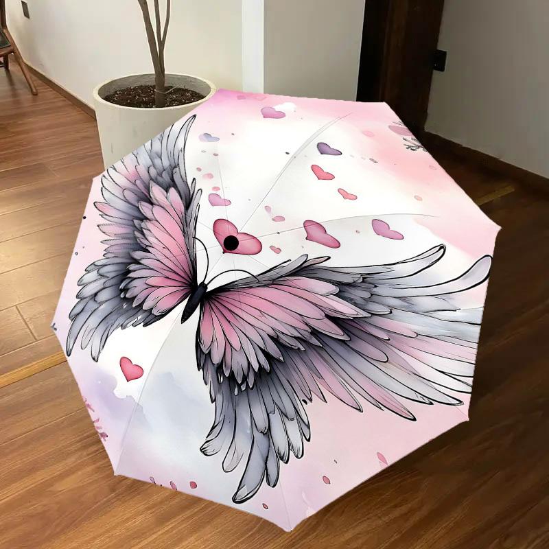 1pc Wings Hearts Automatic Open/Close Umbrella Compact Folding Umbrella with 8-Rib Shaft for Women/Men, Elegant Birthday1190S