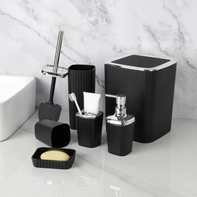 6Pcs Modern Bathroom Storage Set Includes Toothbrush Holder Hydraulic Liquid Dispenser Bottle Trash Can Cup Set