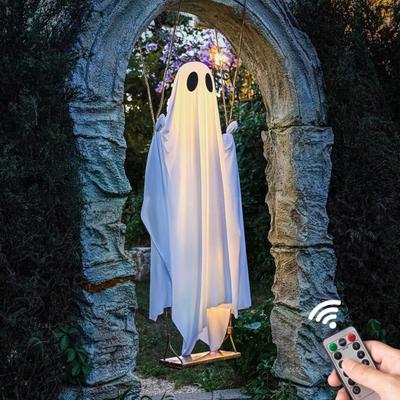 5FT Large Hanging Swing Ghost Halloween Decor LED Lighted Outdoor Swing White Ghost for Porch Yard Garden Tree Decor