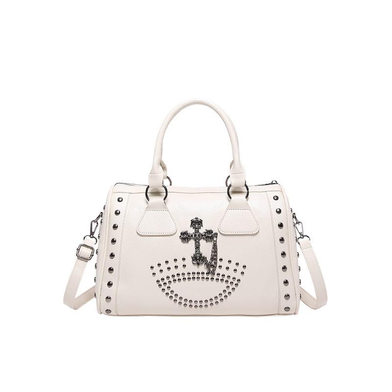 Vintage Boston Handbag For Women With Metal Studs And Zipper Closure