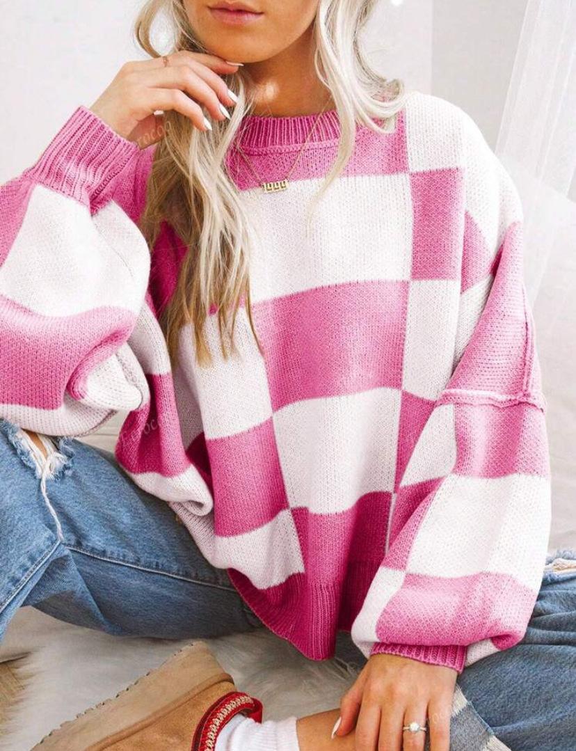 

Women s Yellow and White Checkered Oversized Knit Sweater with Ribbed Cuffs XL лавандовый