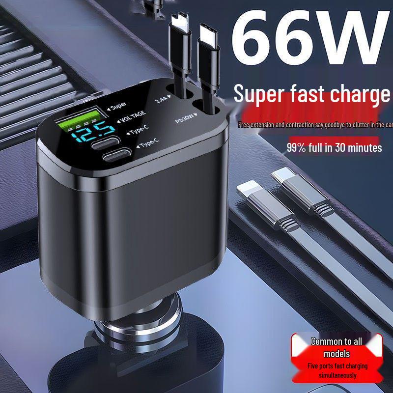 Digital Display Car Charger with Retractable PD Cable - Fast 5-in-1 Cigarette Lighter Charger