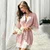 Women's Sexy Lace Bathrobe Pajamas Female Soft and Comfortable Solid Color Sleepwear V-Neck Bathrobe Pajamas