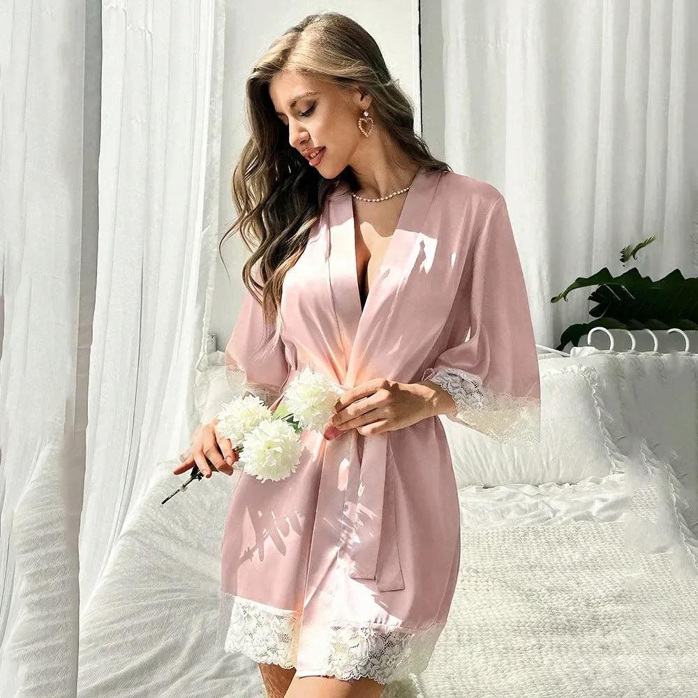 Women's Sexy Lace Bathrobe Pajamas Female Soft and Comfortable Solid Color Sleepwear V-Neck Bathrobe Pajamas
