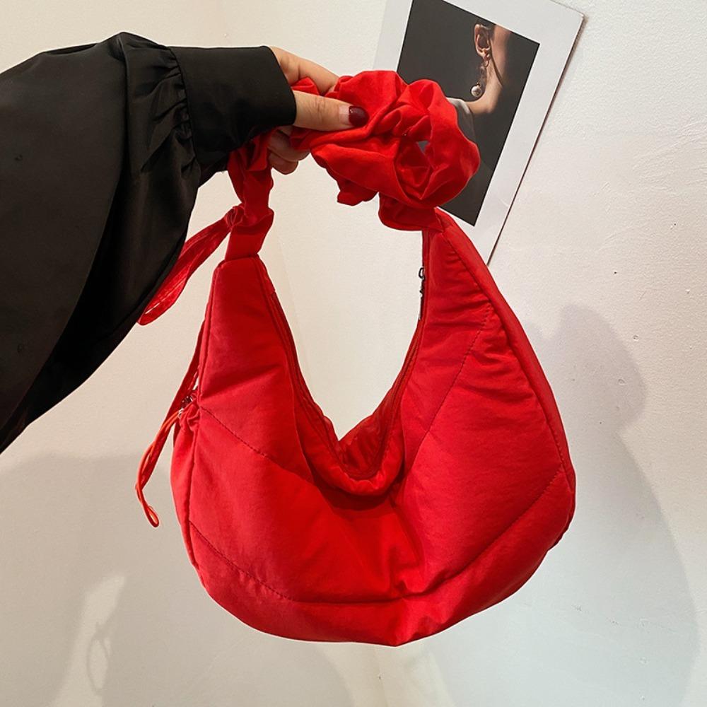 Fashionable Nylon Pleated Shoulder Bag Portable Drawstring Casual HandBag Crossbody Bag Outdoor красный