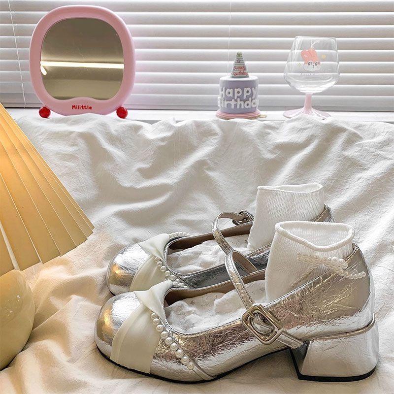 Beautiful silver Mary Jane high heels women's 2025 autumn new ballet temperament thick heel with skirt jk single shoes