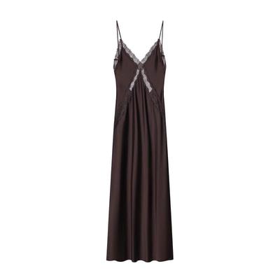European American Women's Fashion Lace Detail Silk Satin Midi Dress