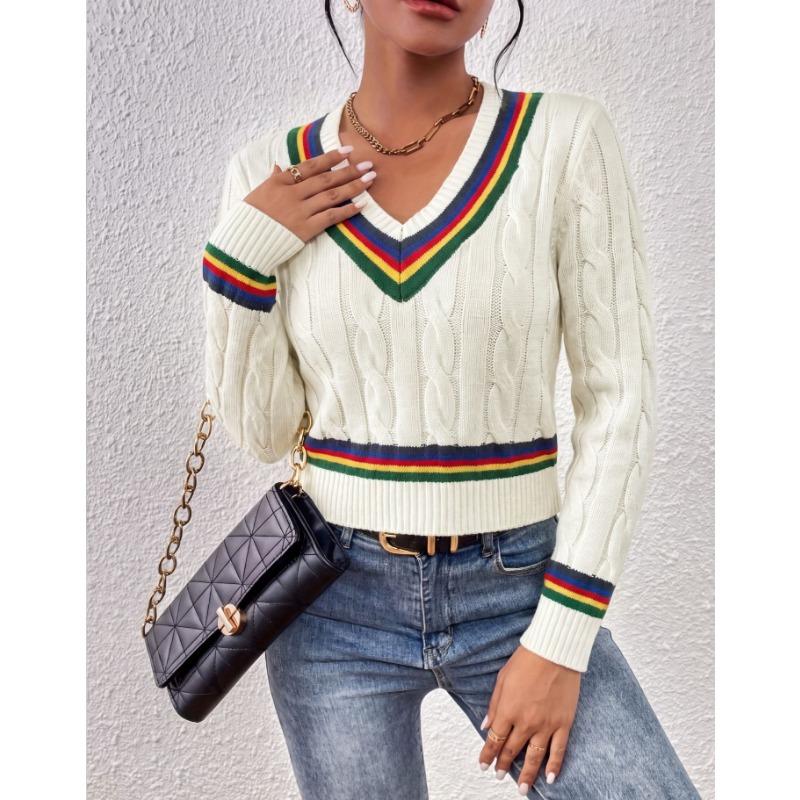 Maglione Pullover da Donna a Righe con Scollo a V Moda Versatile
