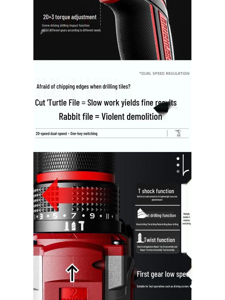 Oulaide Multifunctional Brushless Handheld Electric Drill & Screwdriver with Impact and Lithium Battery