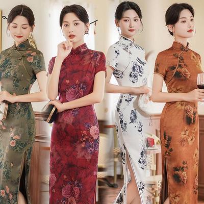 2026 Frühling/Sommer Retro Slim Fit Damen Seiden-Cheongsam Langes Kleid - Mode Bankett Performance Kleidung