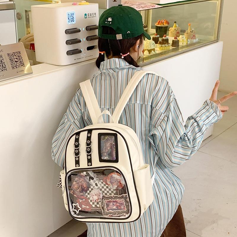 Blocked Simple Color Student Backpack With Transparent Compartment Badge Display