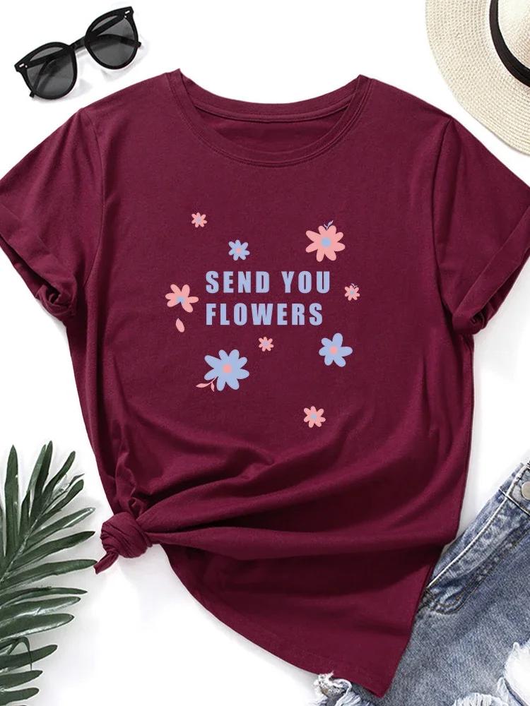 SEND YOU FLOWERS Print T Shirt Women Short Sleeve O Neck Loose Tshirt Summer Women Tee Shirt Tops Camisetas Mujer