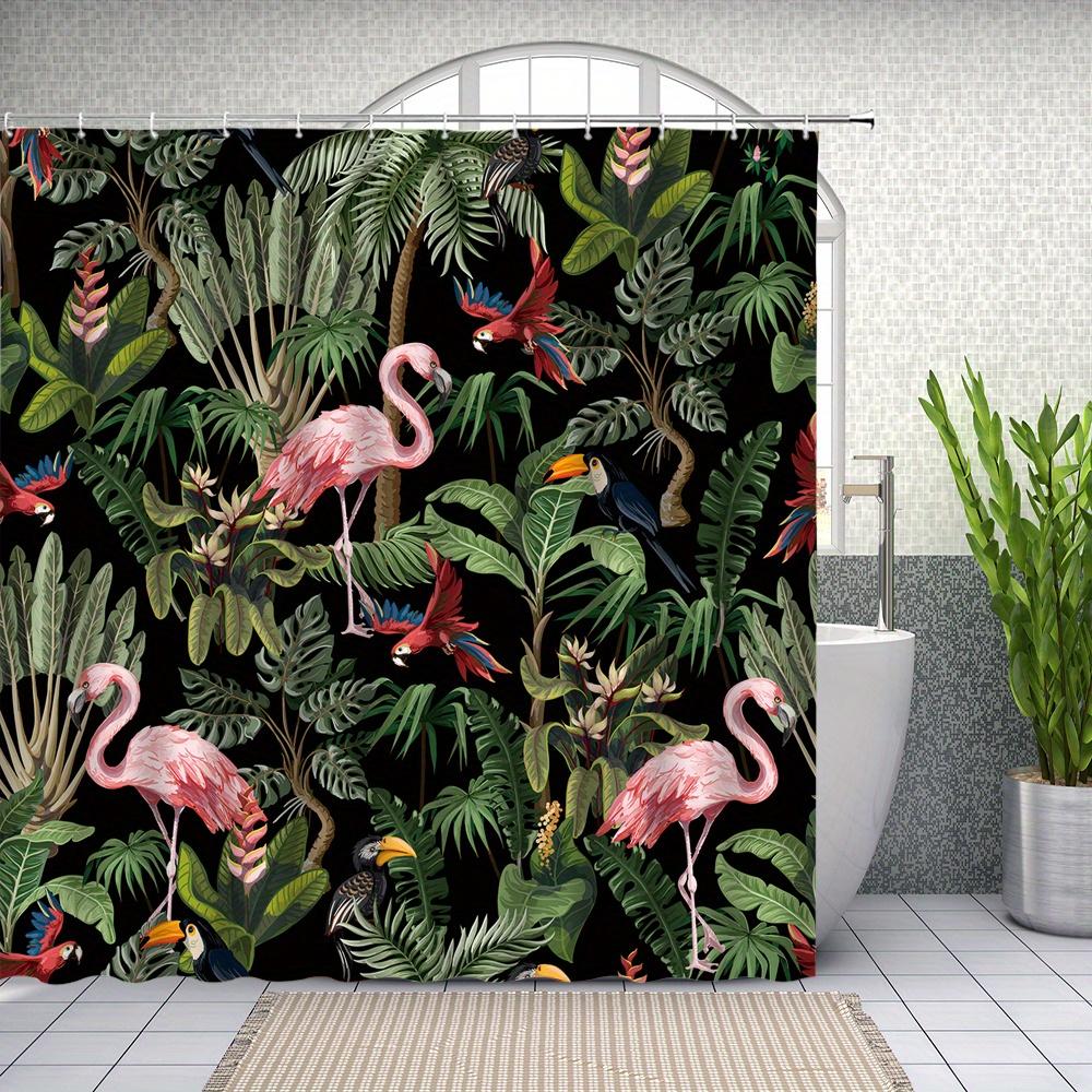1pc Tropical Jungle Shower Curtain with Vibrant Flamingos & Exotic Birds Design, Botanical Illustration Style, Polyester Fabric