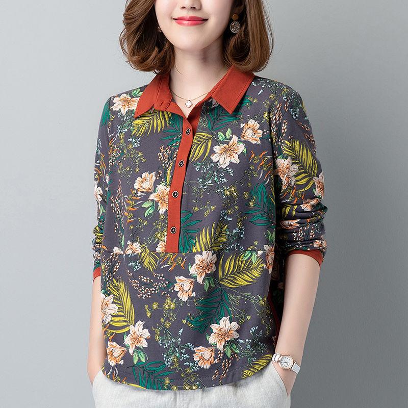 

Spring Autumn Plant Flowers Fashion Printed Shirt Women s Clothing Casual Button Polo-Neck All-match Spliced Loose Blouse L сірий колір