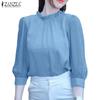 ZANZEA Women Casual Round Neck Solid Color 3/4 Sleeve Loose Blouse