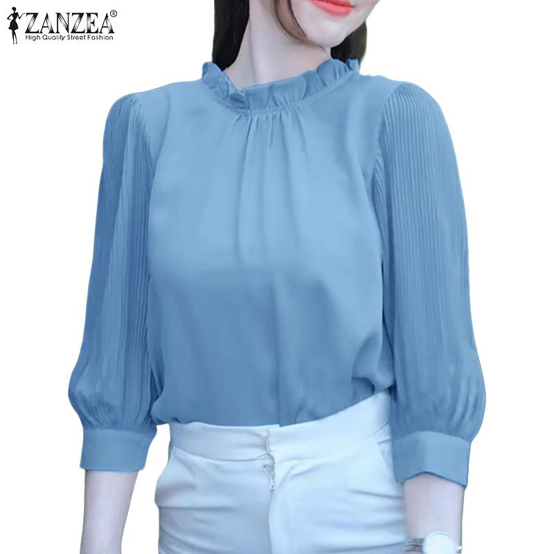 ZANZEA Women Casual Round Neck Solid Color 3/4 Sleeve Loose Blouse
