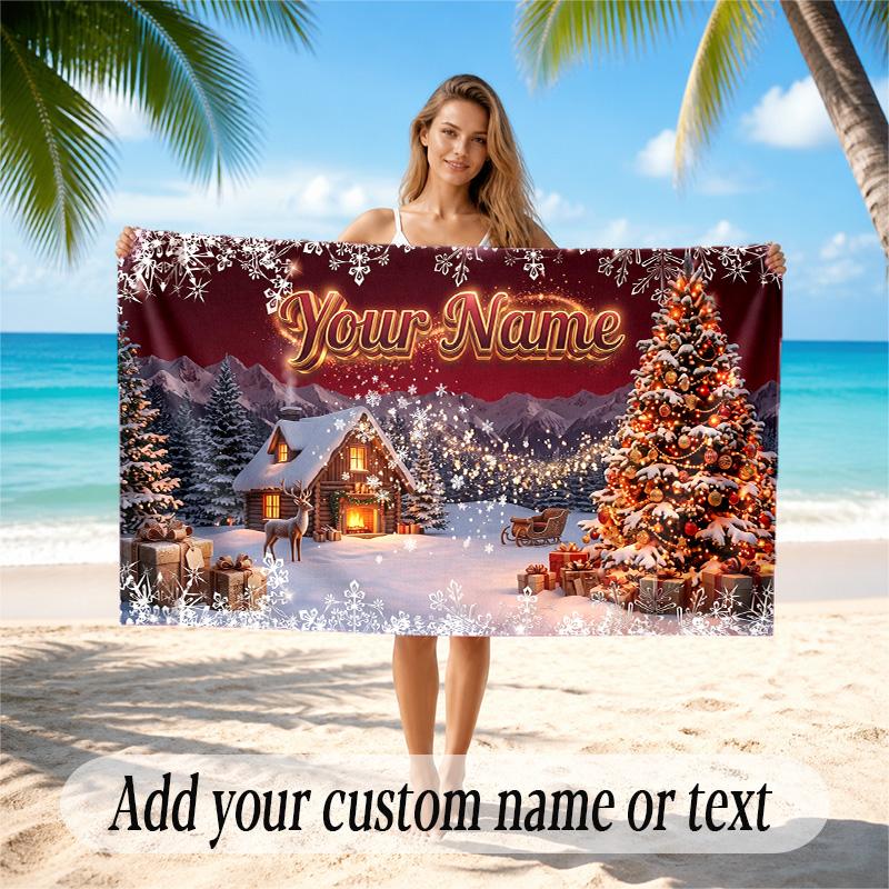 Christmas Theme Quick Dry Beach Towel Custom Name Text Print Large Sand Resistant Towel Beach Vacation