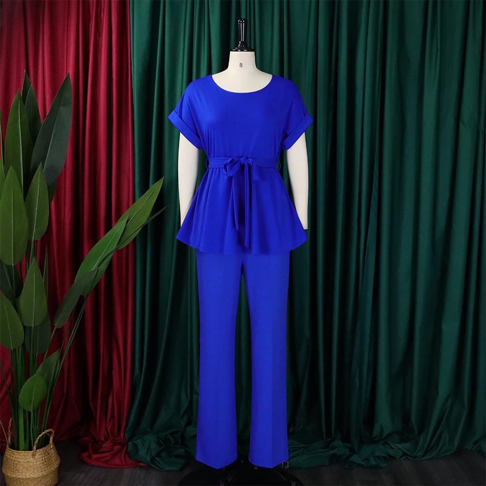 2026 Sommer 2-teilige Sets Damen Outfits Lange Hosen Einfarbige Blusen Gürtel Hosen Gerade Elegant Bürokleidung Kleidung Hosenanzüge